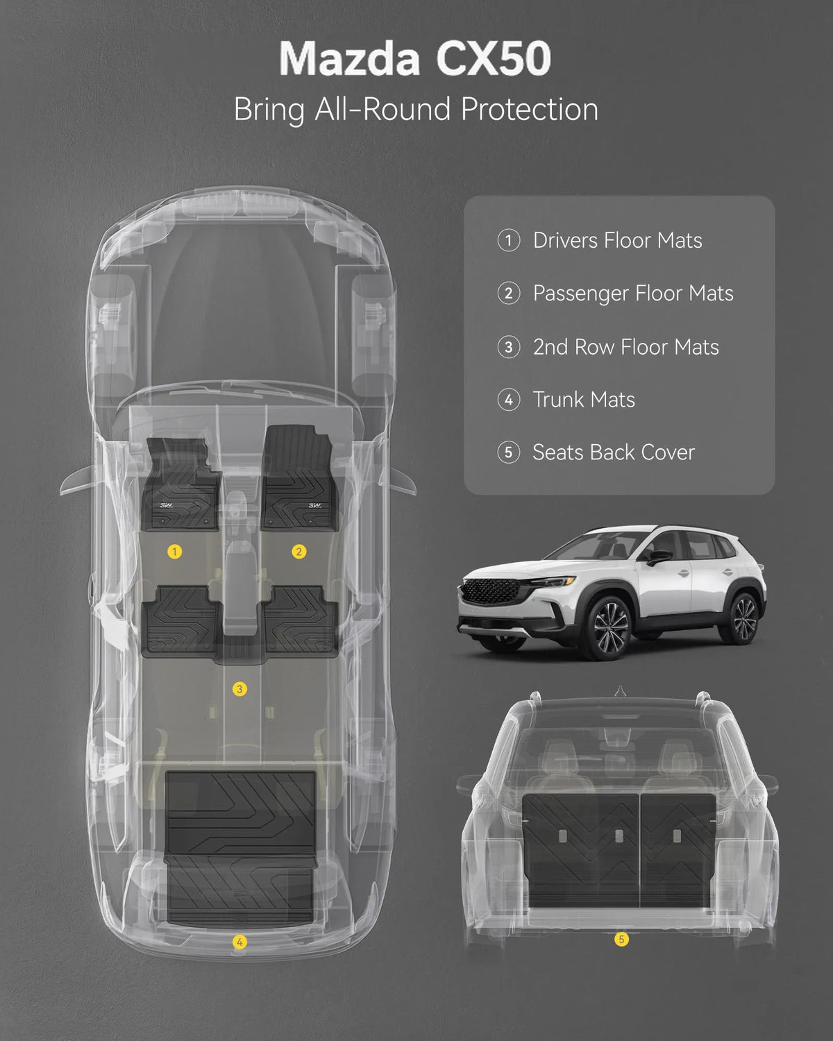 3W Floor Mats & Cargo Liner Fit Mazda CX-50 2023 2024 2025 (Not for Hybrid), TPE All Weather Liners Full Set Mazda CX 50 Accessories All Season Guard Odorless Anti-Slip Black
