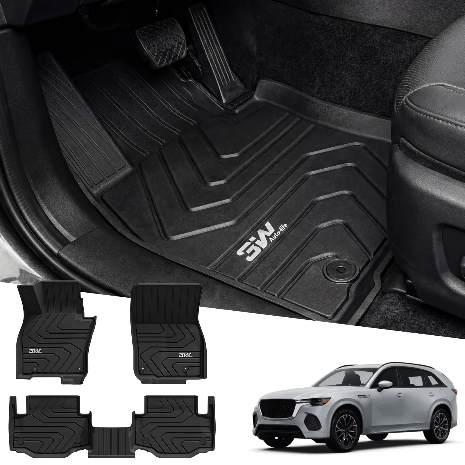 3W Floor Liner Fit for 2025 2026 Mazda CX-70 (Include PHEV), All Weather Protection TPE Heavy Duty Non-Slip Automotive CX70 Floor Liners Accessories, Black