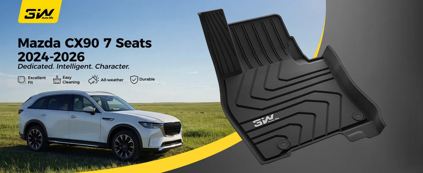 3W Floor Mats & Backrest Mats & Cargo Mats for Mazda CX-90/CX-90 PHEV 2026 2025 2024 7 Seats with 2nd Row Bucket Seats, All Weather TPE Custom Fit Floor Liners for CX-90/CX-90 PHEV Accessories