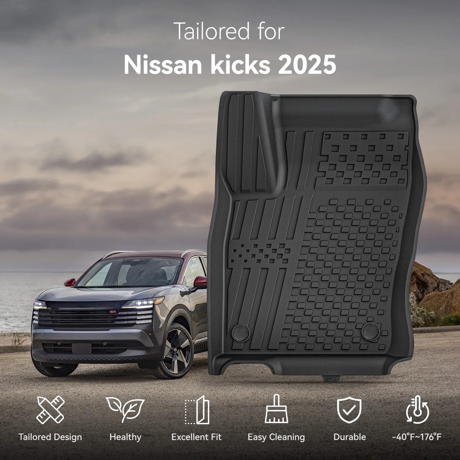 3W Floor Mats Fit for Nissan Kicks 2025 2026 (Not Fit Play Version) TPE All Weather Floor Liner, 1st and 2nd Row Car Mats Tunk Mats Full Protcetion

