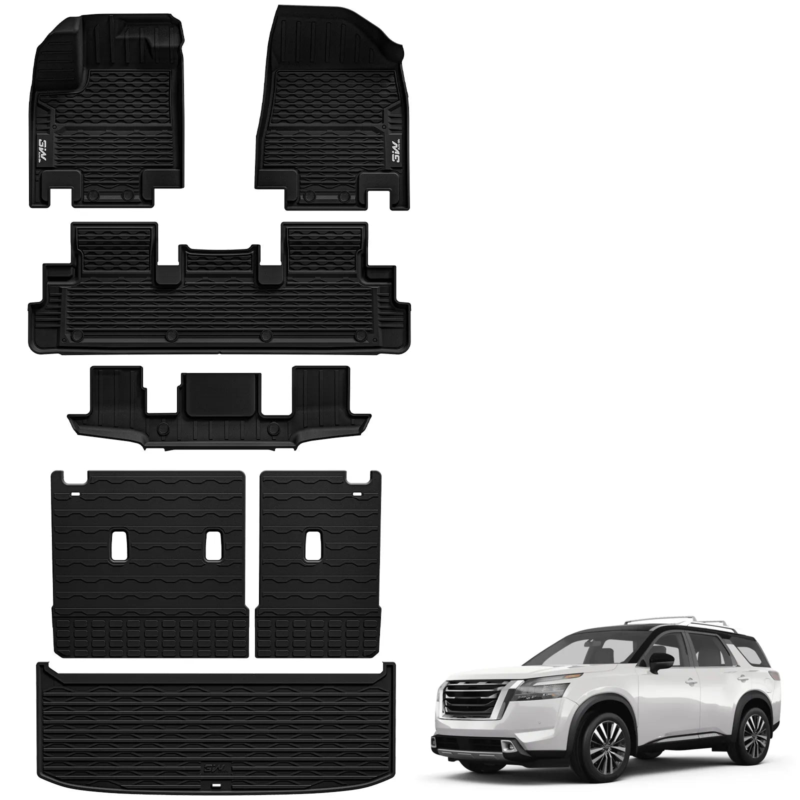3W Floor Mats & Cargo Liner & Back Seat Cover Custom Fit for Nissan Pathfinder 2022 2023 2024 2025 (Only fit 7 Passenger Models), TPE All Weather Custom Fit Nissan Pathfinder Full Set,Black