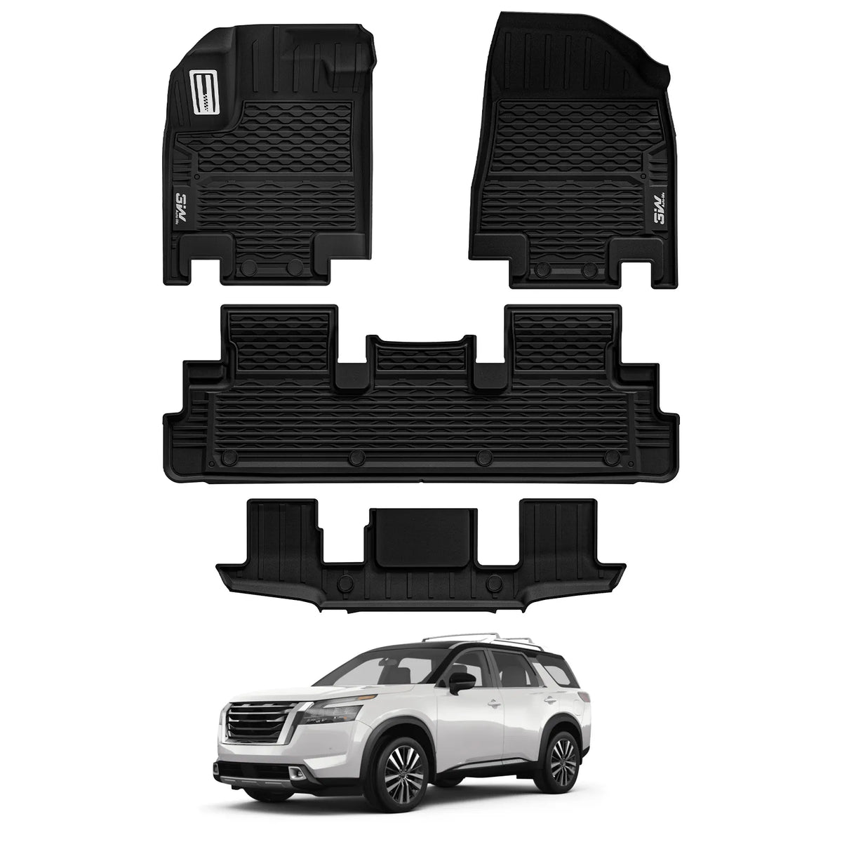 3W Floor Mats & Cargo Liner & Back Seat Cover Custom Fit for Nissan Pathfinder 2022 2023 2024 2025 (Only fit 7 Passenger Models), TPE All Weather Custom Fit Nissan Pathfinder Full Set,Black