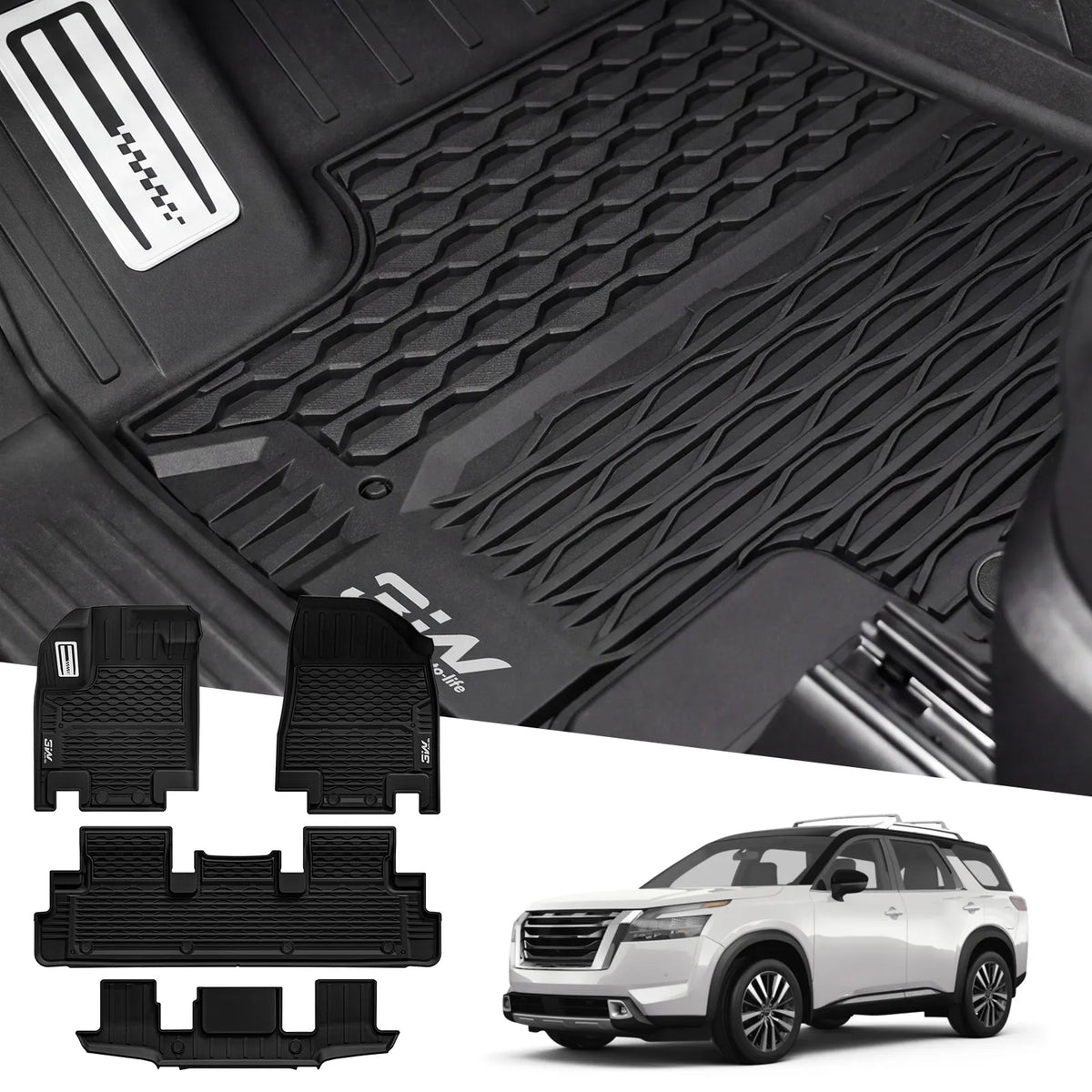 3W Floor Mats & Cargo Liner & Back Seat Cover Custom Fit for Nissan Pathfinder 2022 2023 2024 2025 (Only fit 7 Passenger Models), TPE All Weather Custom Fit Nissan Pathfinder Full Set,Black