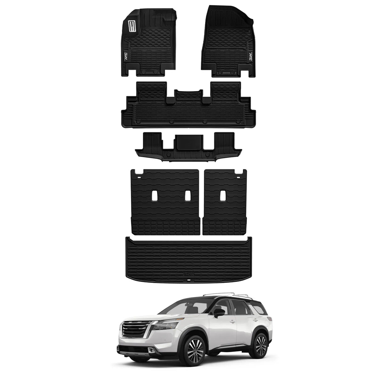 3W Floor Mats & Cargo Liner & Back Seat Cover Custom Fit for Nissan Pathfinder 2022 2023 2024 2025 (Only fit 7 Passenger Models), TPE All Weather Custom Fit Nissan Pathfinder Full Set,Black