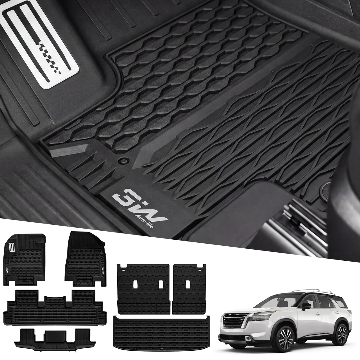 3W Floor Mats & Cargo Liner & Back Seat Cover Custom Fit for Nissan Pathfinder 2022 2023 2024 2025 (Only fit 7 Passenger Models), TPE All Weather Custom Fit Nissan Pathfinder Full Set,Black