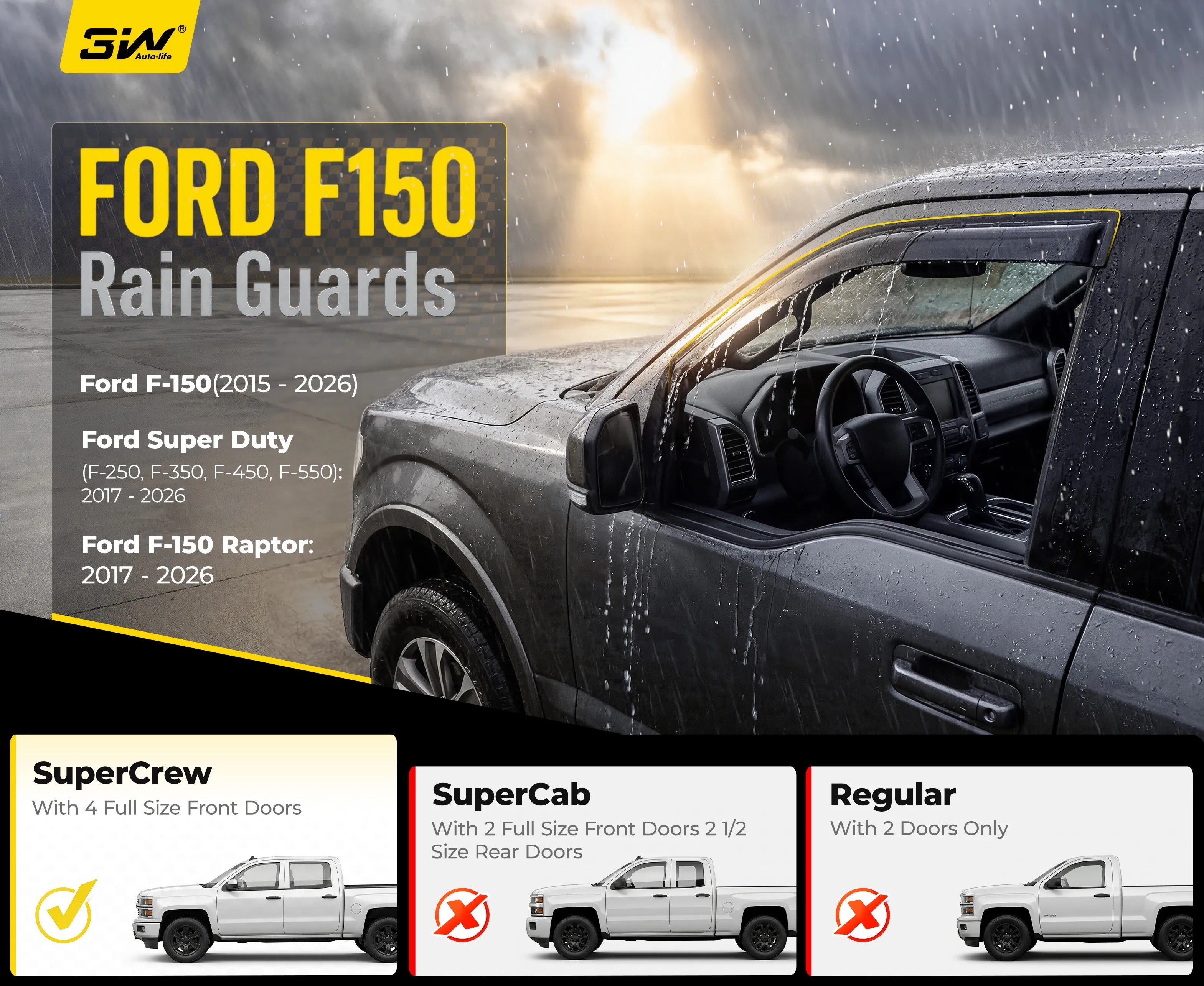 3W Custom Rain Guards for Ford F150 SuperCrew 2015-2026, F-150 Raptor F250 F350 F450 F550 Super Duty Crew Cab 2017-2025 Tape-on Side Window Wind Deflecotr 4PCS - 3Wliners