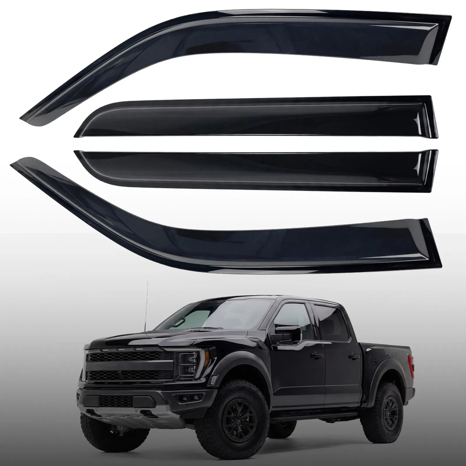 3W Custom Rain Guards for Ford F150 SuperCrew 2015-2026, F-150 Raptor F250 F350 F450 F550 Super Duty Crew Cab 2017-2025 Tape-on Side Window Wind Deflecotr 4PCS - 3Wliners
