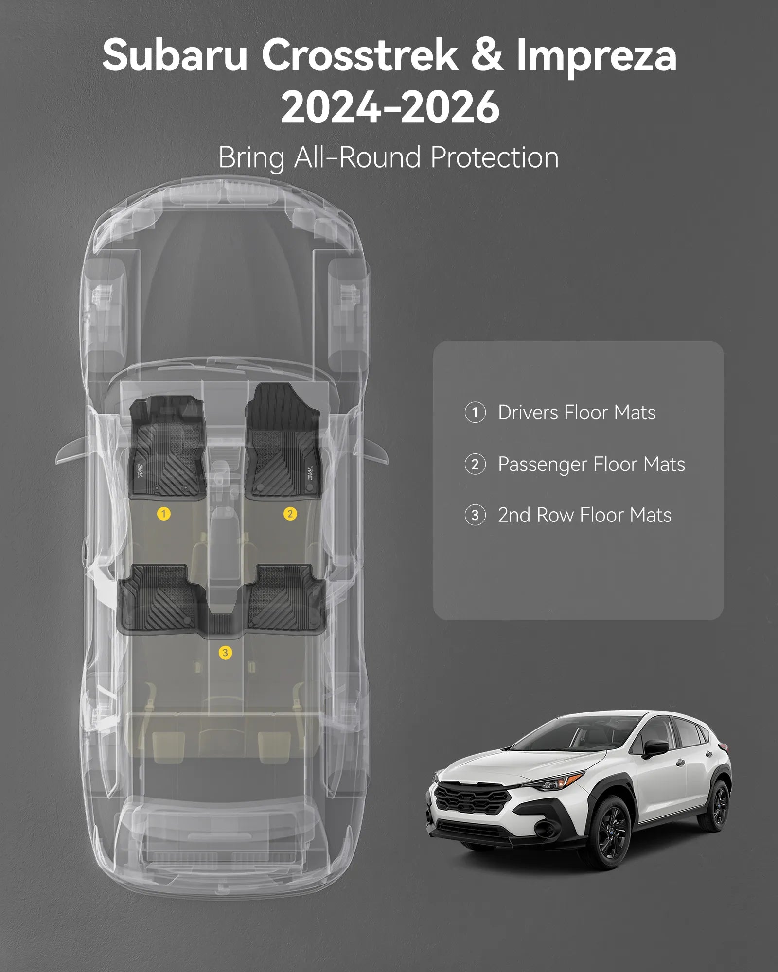 3W Floor Mats for 2026 2025 2024 Subaru Crosstrek & Impreza, All Weather TPE Custom Fit Floor Liners, Full Set Car Accessories (Not for Hybrid Models)
