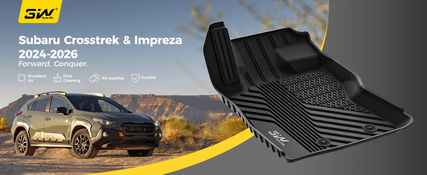 Custom-fit 3W Auto-life floor mats for Subaru Crosstrek and Impreza (2024-2026), all-weather TPE floor liners with excellent fit and easy cleaning features.