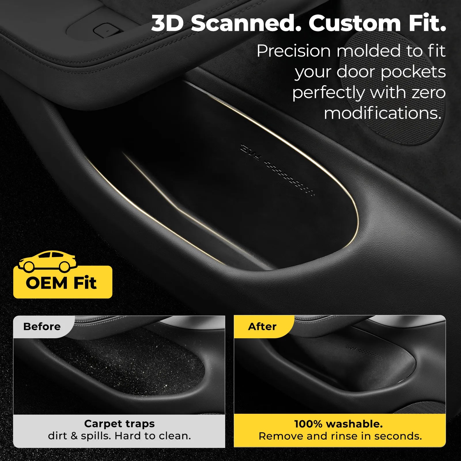 Custom-fit TPE door pocket organizer and emergency release strap set for the 2024-2026 Tesla Model 3 Highland, designed for a seamless fit in the side door storage slots.