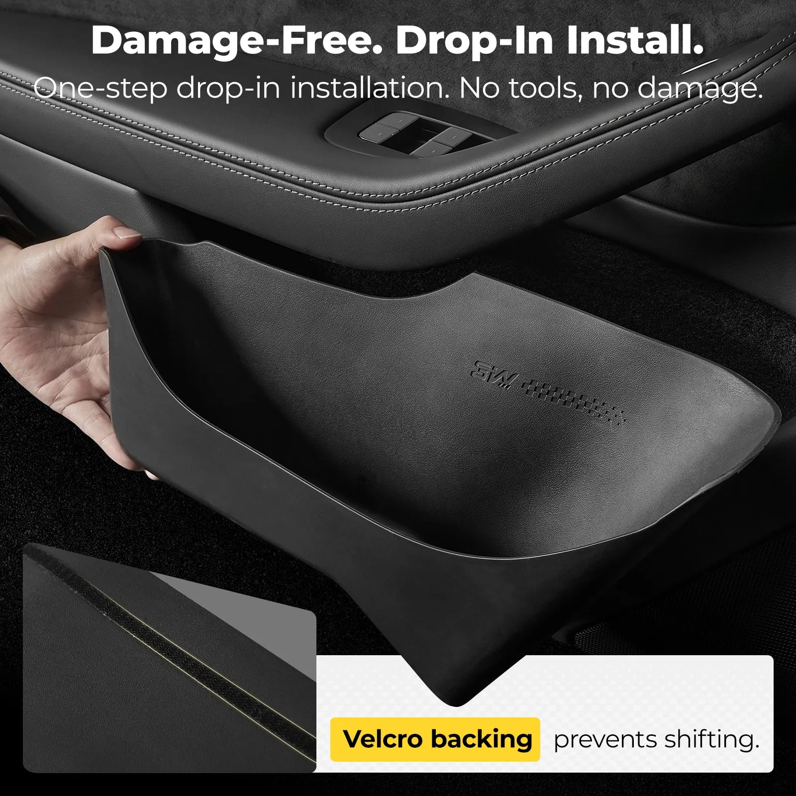 Custom-fit TPE door pocket organizer and emergency release strap set for the 2024-2026 Tesla Model 3 Highland, designed for a seamless fit in the side door storage slots.