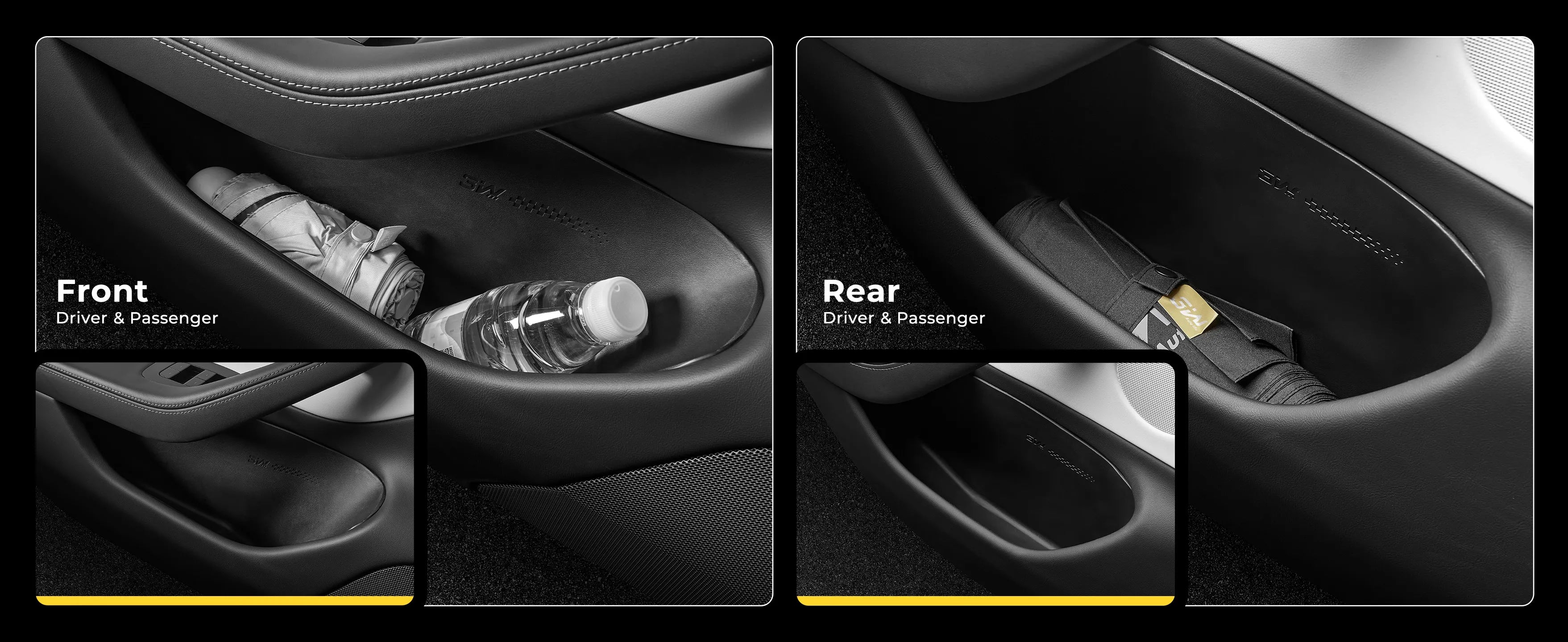 Custom-fit TPE door pocket organizer and emergency release strap set for the 2024-2026 Tesla Model 3 Highland, designed for a seamless fit in the side door storage slots.