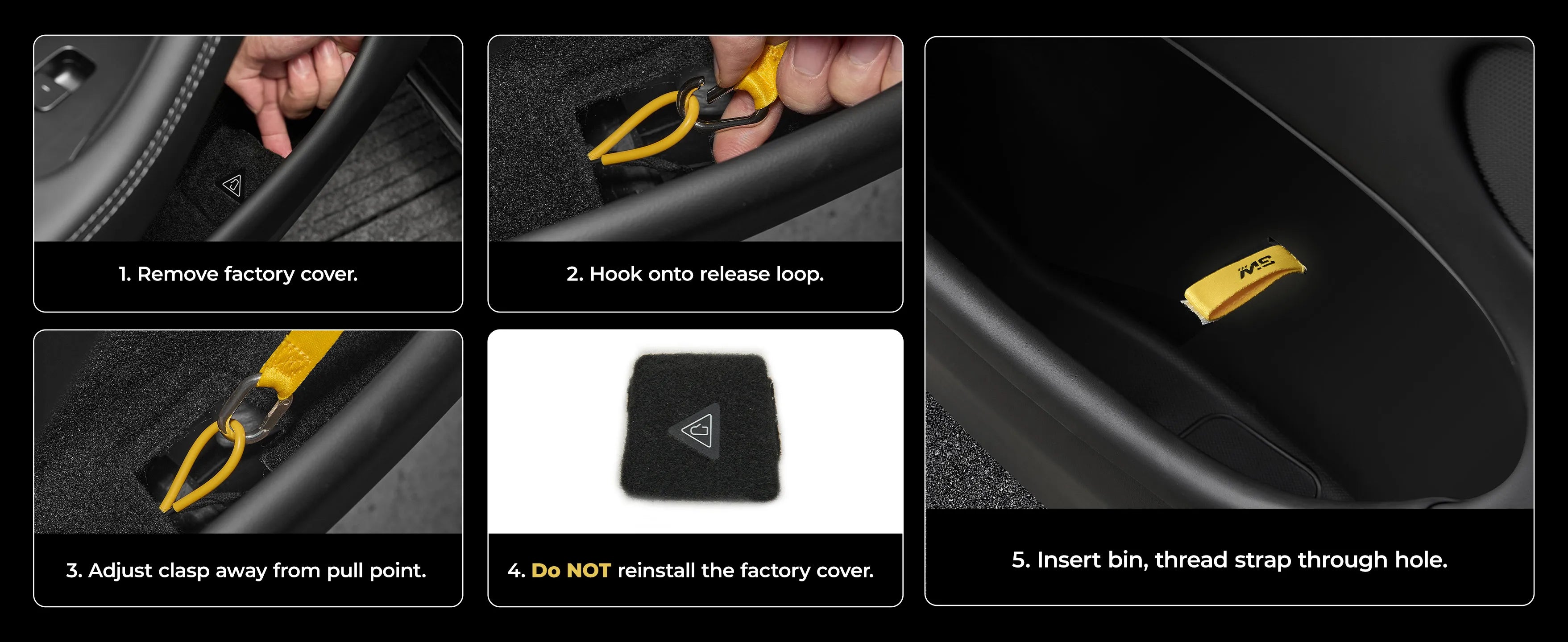 Custom-fit TPE door pocket organizer and emergency release strap set for the 2024-2026 Tesla Model 3 Highland, designed for a seamless fit in the side door storage slots.