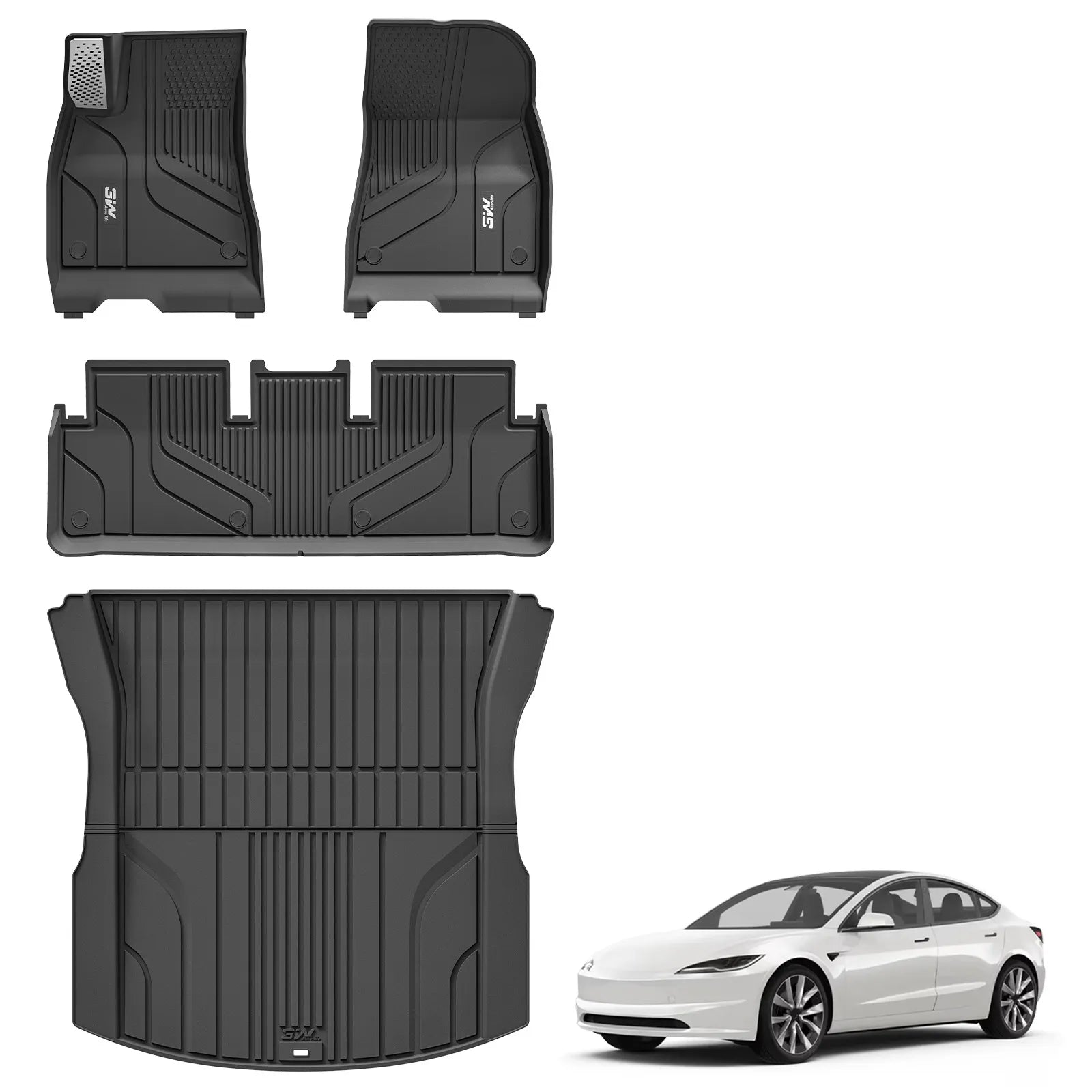 3W Tesla Model 3 2024 Highland New Generation Custom Floor Mats / Trunk Mats TPE Material & All-Weather Protection Vehicles & Parts 3Wliners 2024 2024 Model 3 Highland New Generation 1st&2nd Row+ Trunk Mat With Metal Pedal
