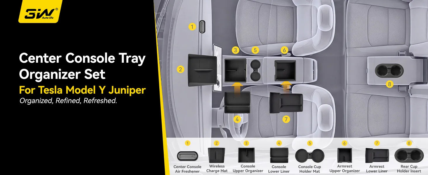 3W 8-piece interior bundle for Tesla Model Y Juniper 2025-2026 including center console storage organizer trays and custom car air freshener