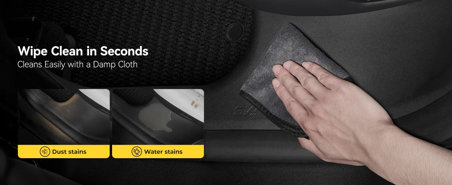 "Demonstration of 3W Auto-life interior protectors being wiped clean with a damp cloth, highlighting how easily dust and water stains are removed from the durable TPE surface for quick maintenance."