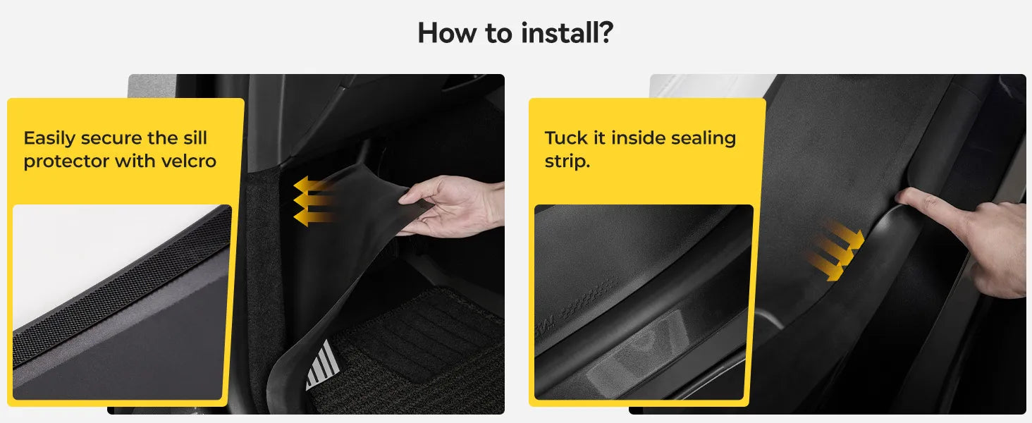 "Step-by-step installation guide for 3W Auto-life door sill protectors, showing how to secure the liner with velcro and tuck it inside the car's sealing strip for a seamless and secure fit."