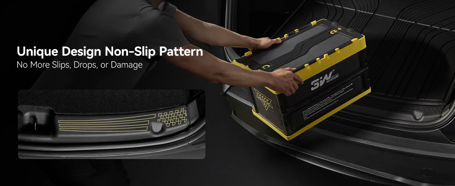 "3W Auto-life trunk mat featuring a unique non-slip pattern design that prevents cargo and storage boxes from sliding, dropping, or causing damage during transit