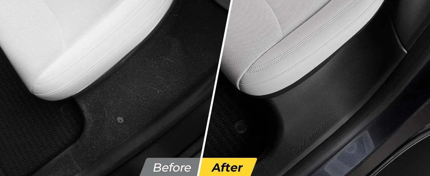 "Before and after comparison of 3W Auto-life door sill protectors for Tesla, showing how the durable TPE covers hide existing scuffs and provide a clean, scratch-resistant surface for car interior protection.