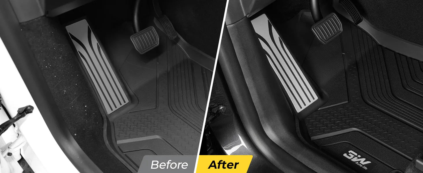 "Before and after comparison of 3W Auto-life custom-fit floor liners for Tesla, showing a transition from a dusty, unprotected carpet to a clean, fully covered interior with premium black TPE mats."