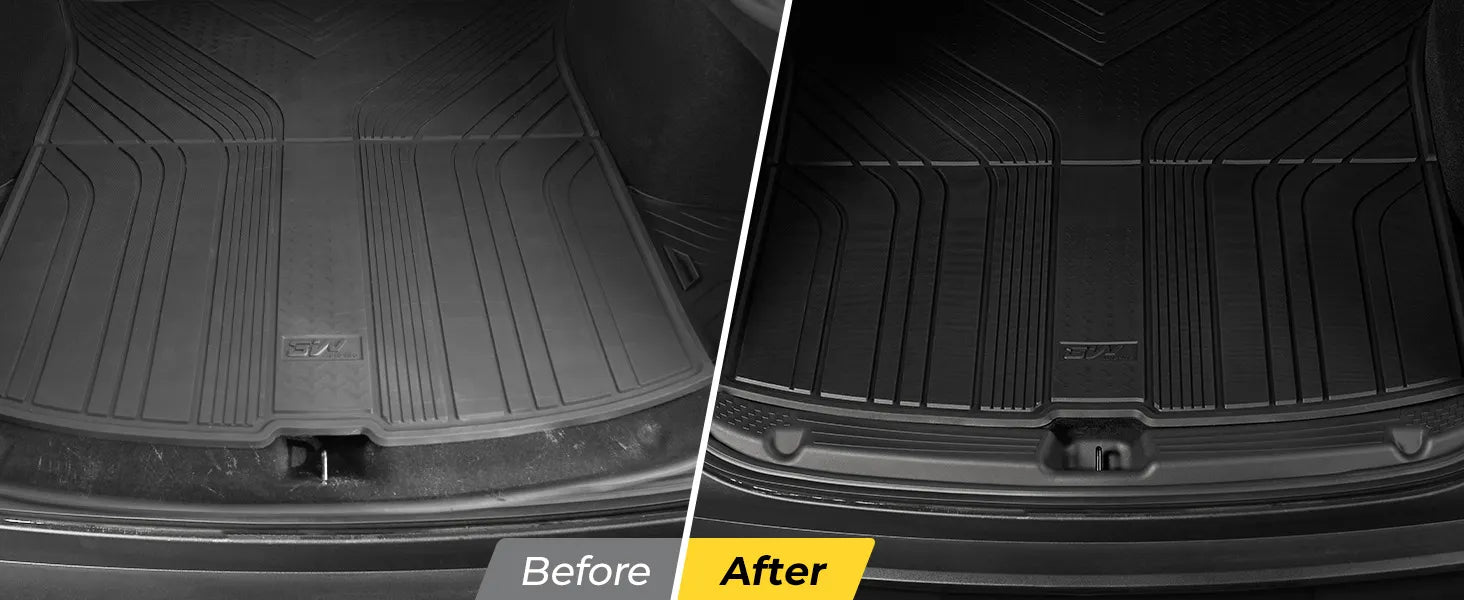 Before and after comparison of 3W Auto-life custom trunk mat for Tesla, showing the transformation from a scratched and worn trunk floor to a clean, protected surface with a durable, waterproof TPE cargo liner."