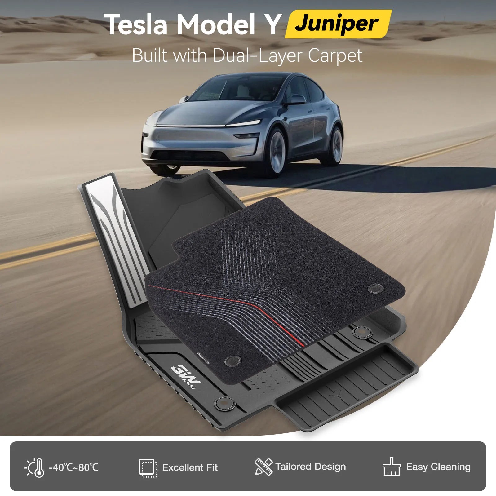 3W Tesla Model Y Juniper Floor Mats, 9PCS with Double Layered Carpets, New Star Trail Design Carpet, Mental Pedal, Double Layer, 2025 2026 Model Y Acecessories, TPE All Weather Waterproof Custom Fit Automotive Liners and Truck Car Liners