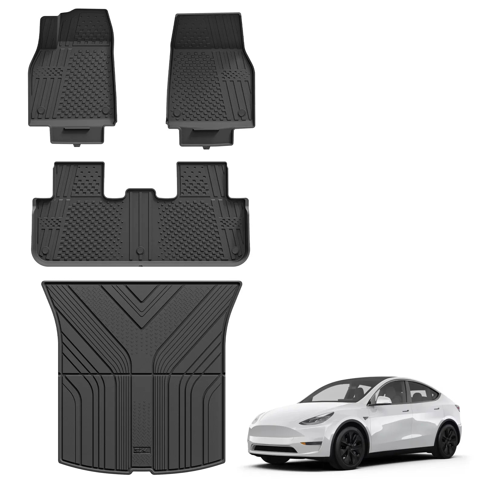 3W Tesla Model Y Juniper Floor Mats, Rear Cargo Liner, Custom Fit 2025 2026 Model Y Acecessories, TPE All Weather Odorless Non-Slip, Black