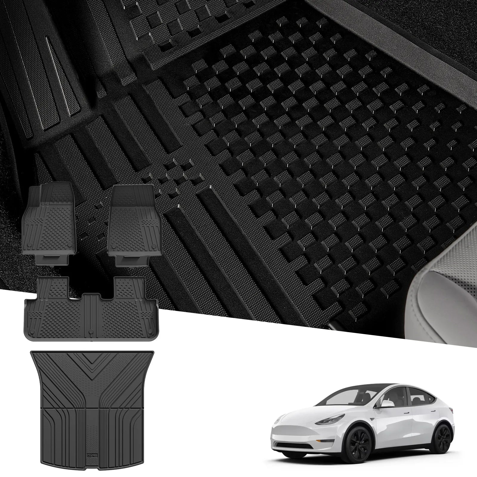 3W Tesla Model Y Juniper Floor Mats, Rear Cargo Liner, Custom Fit 2025 2026 Model Y Acecessories, TPE All Weather Odorless Non-Slip, Black