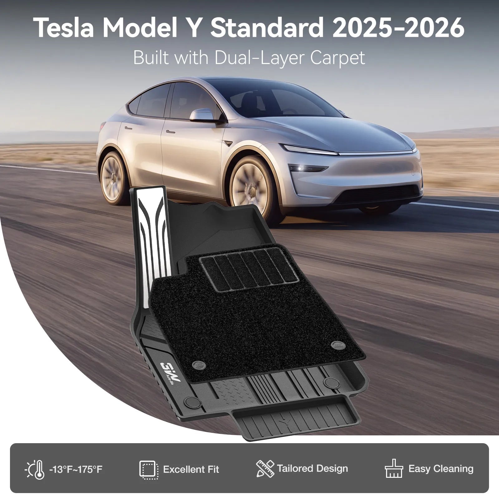 3W Tesla Model Y Standard Floor Mats, 7PCS with Double Layered Carpets，Floor Mats，Trunk Mats，Back Seat Protector，Mental Pedal, 2025 2026 Model Y Standard Acecessories, TPE All Weather Waterproof Custom Fit Automotive Liners and Truck Car Liners
