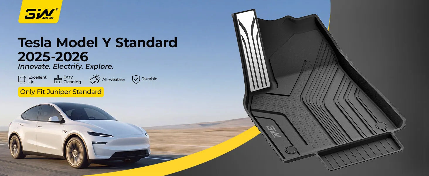 3W Tesla Model Y Standard Floor Mats, 7PCS with Double Layered Carpets，Floor Mats，Trunk Mats，Back Seat Protector，Mental Pedal, 2025 2026 Model Y Standard Acecessories, TPE All Weather Waterproof Custom Fit Automotive Liners and Truck Car Liners