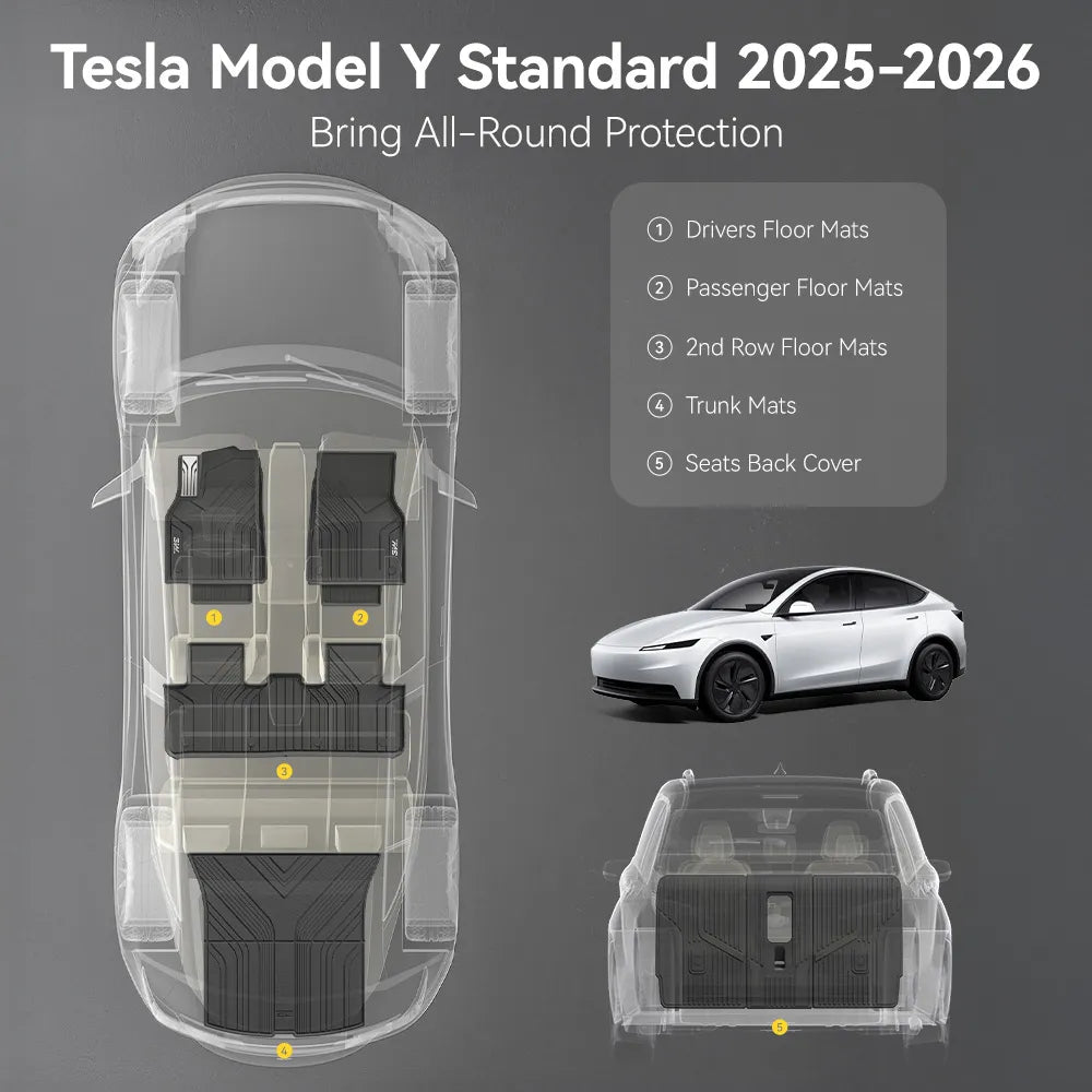 3W Tesla Model Y Standard Floor Mats, 7PCS with Double Layered Carpets，Floor Mats，Trunk Mats，Back Seat Protector，Mental Pedal, 2025 2026 Model Y Standard Acecessories, TPE All Weather Waterproof Custom Fit Automotive Liners and Truck Car Liners