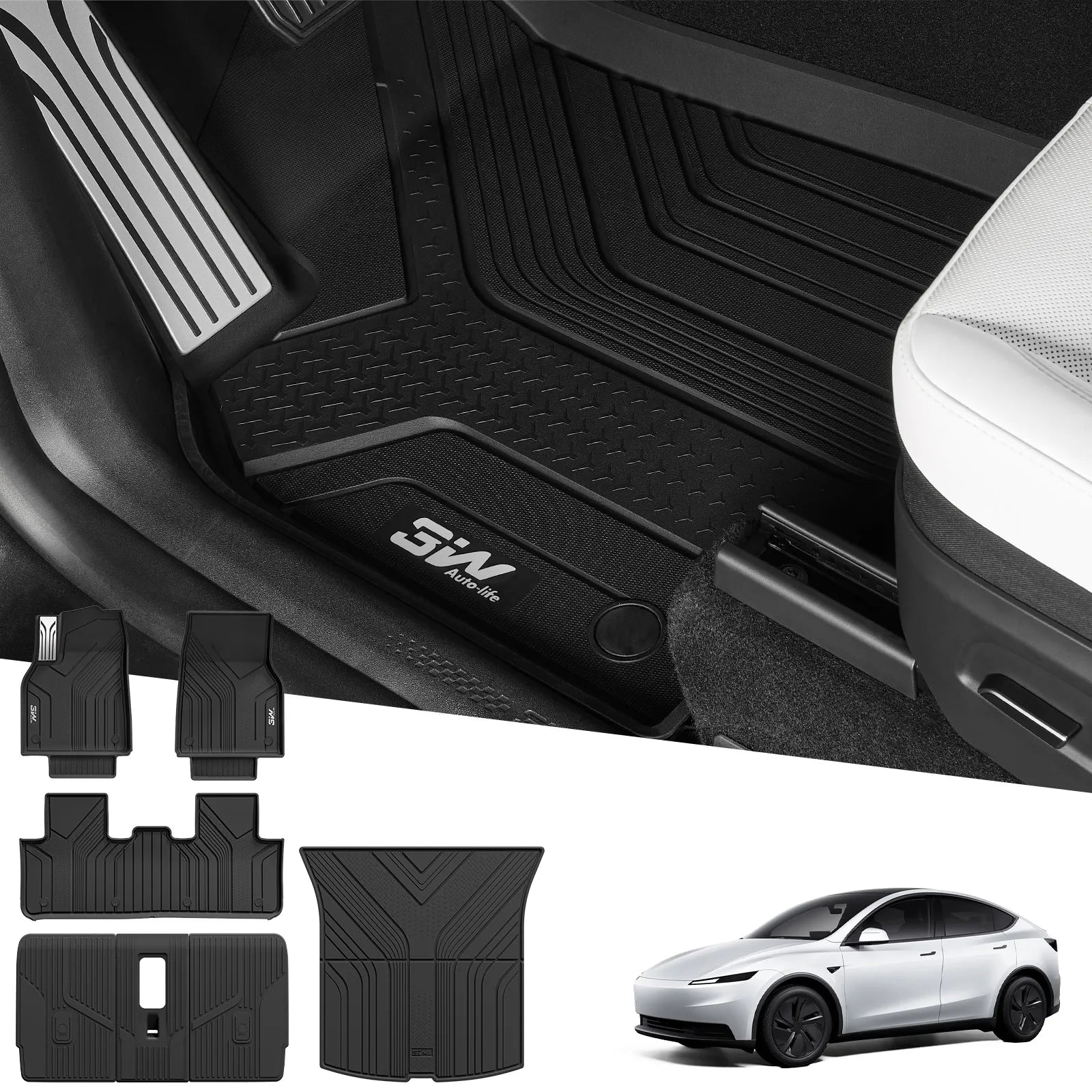 3W Tesla Model Y Standard Floor Mats, 7PCS with Floor Mats，Trunk Mats，Back Seat Protector，Mental Pedal, 2025 2026 Model Y Standard Acecessories, TPE All Weather Waterproof Custom Fit Automotive Liners and Truck Car Liners