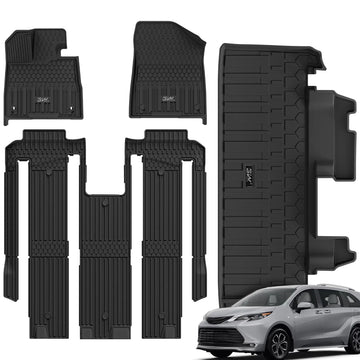 3W Toyota 2024-2026 Sienna Platinum 7 Seat (w/o Spare Tire) Custom Floor Mats / Trunk Mat Thorex™ All-Weather Protection
