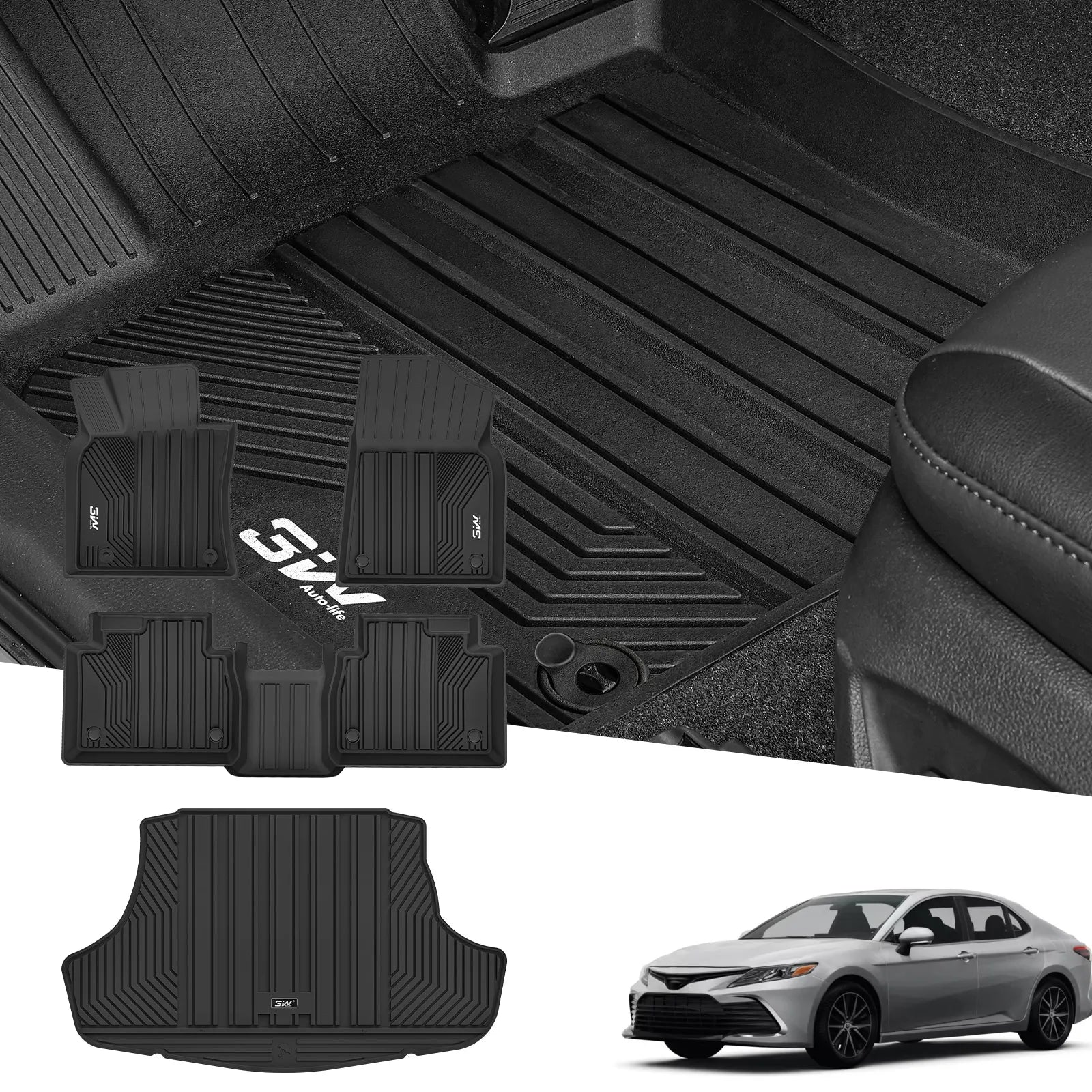 3W Floor Mats & Cargo Liner Fit Toyota Camry 2018-2024 FWD (Not for Hybrid or AWD), TPE All Weather Custom Fit Floor Liner, 1st and 2nd Row and Trunk Mat