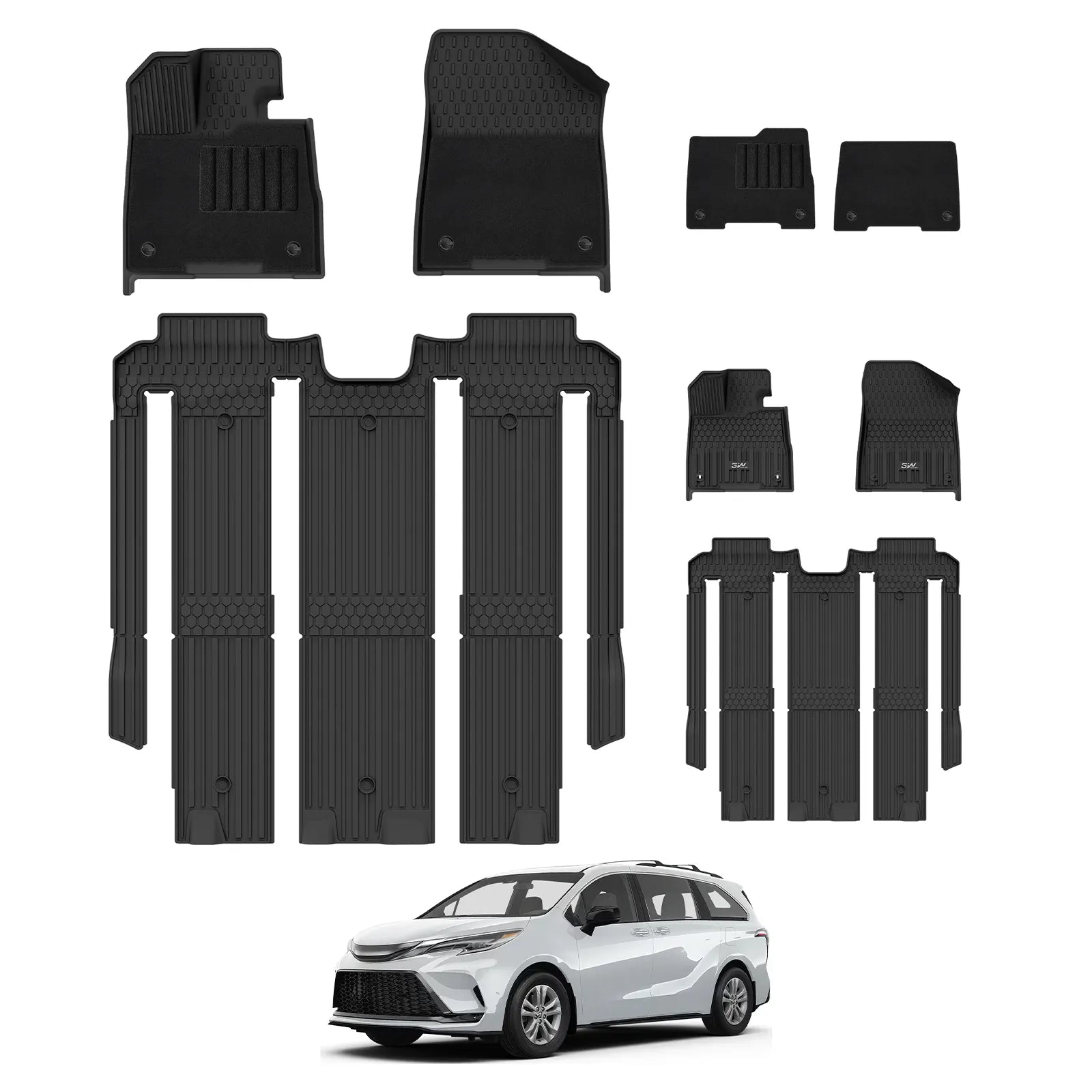 3W Floor Mats with Front Carpet Compatible for Toyota Sienna 2021-2026 7 Seat, TPE All Weather Custom Fit Floor Liner for Toyota Sienna 1st, 2nd and 3rd Row, Black Car Accessories