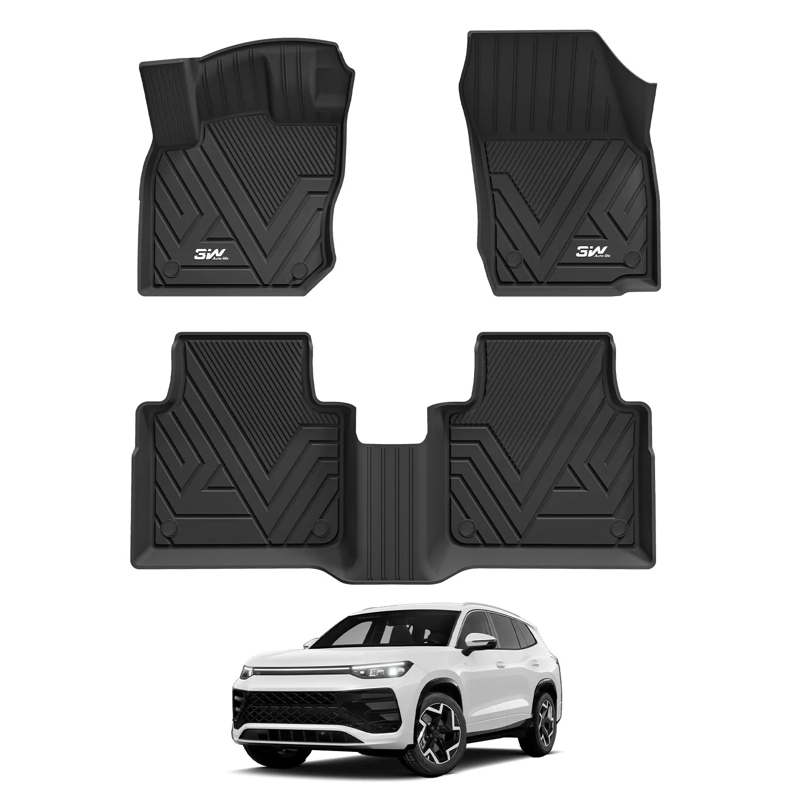 3W Floor Mats for Volkswagen Tiguan 2025 2026, All-Weather Protection TPE Car Mats 2 Rows VW Tiguan Accessories, Black