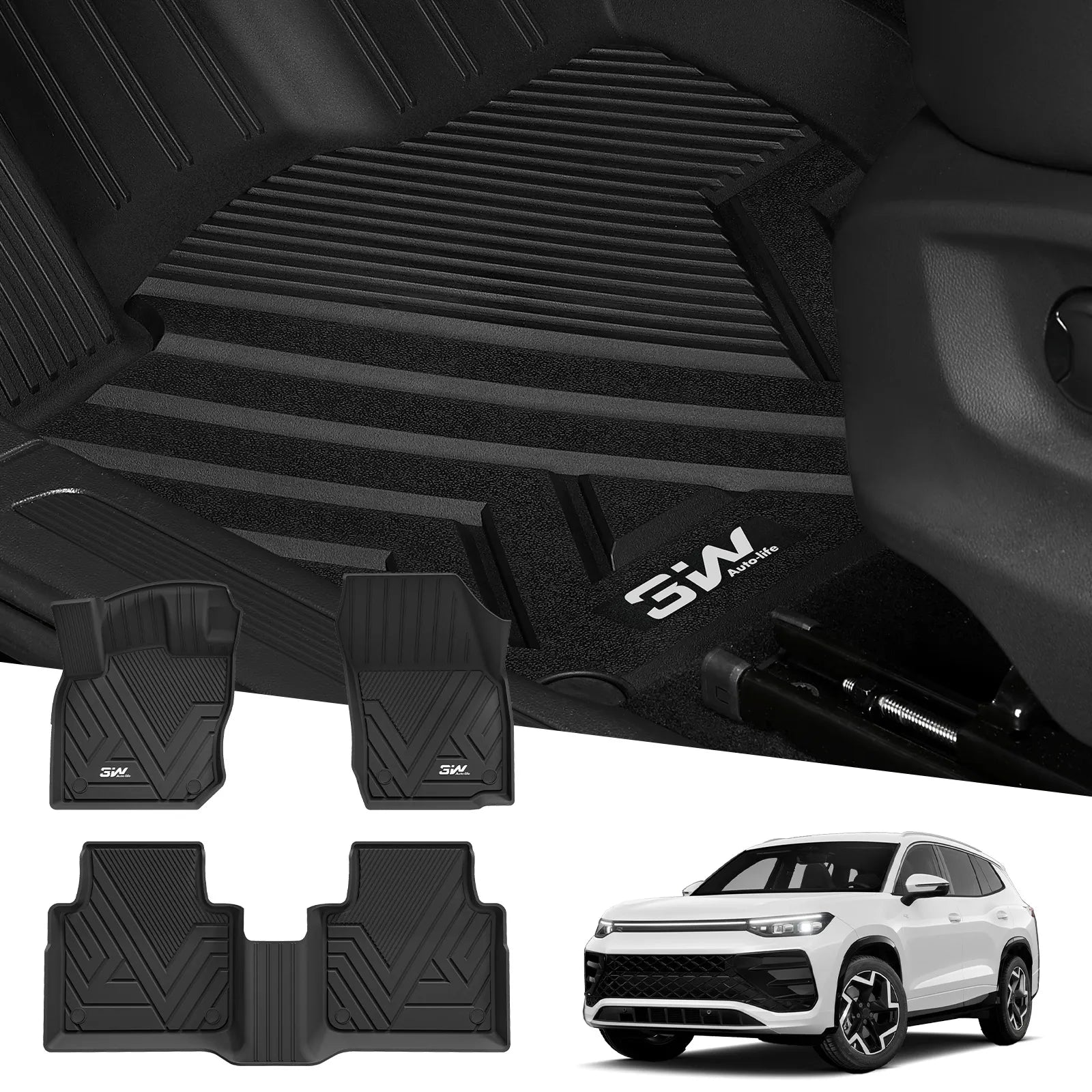 3W Floor Mats for Volkswagen Tiguan 2025 2026, All-Weather Protection TPE Car Mats 2 Rows VW Tiguan Accessories, Black