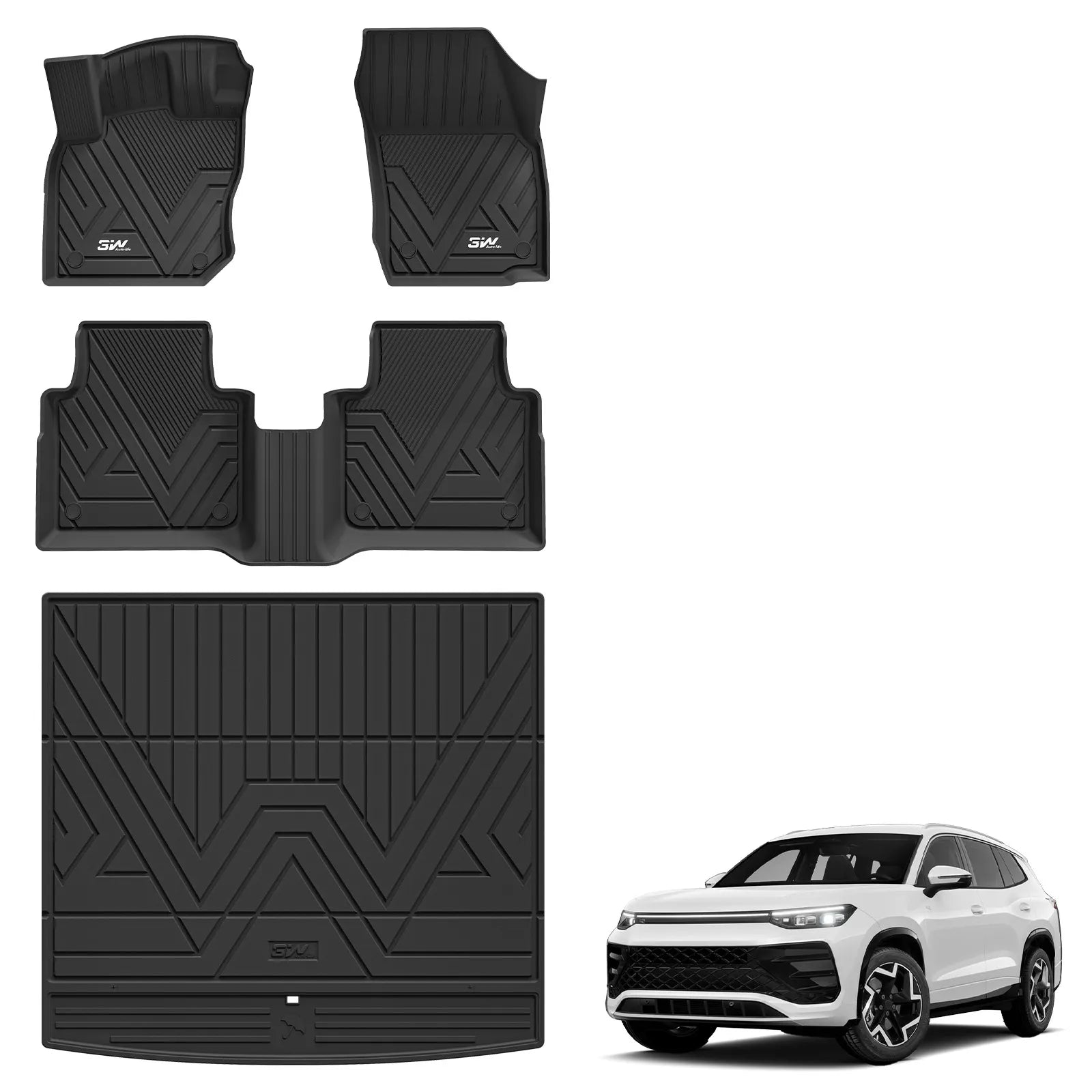 3W Floor Mats & Cargo Liner for Volkswagen Tiguan 2025 2026, All-Weather Protection TPE Car Mats 2 Rows Full Set for VW Tiguan Accessories, Black