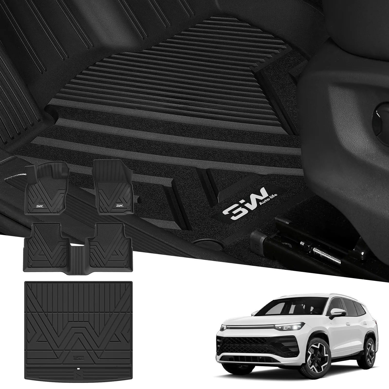 3W Floor Mats & Cargo Liner for Volkswagen Tiguan 2025 2026, All-Weather Protection TPE Car Mats 2 Rows Full Set for VW Tiguan Accessories, Black