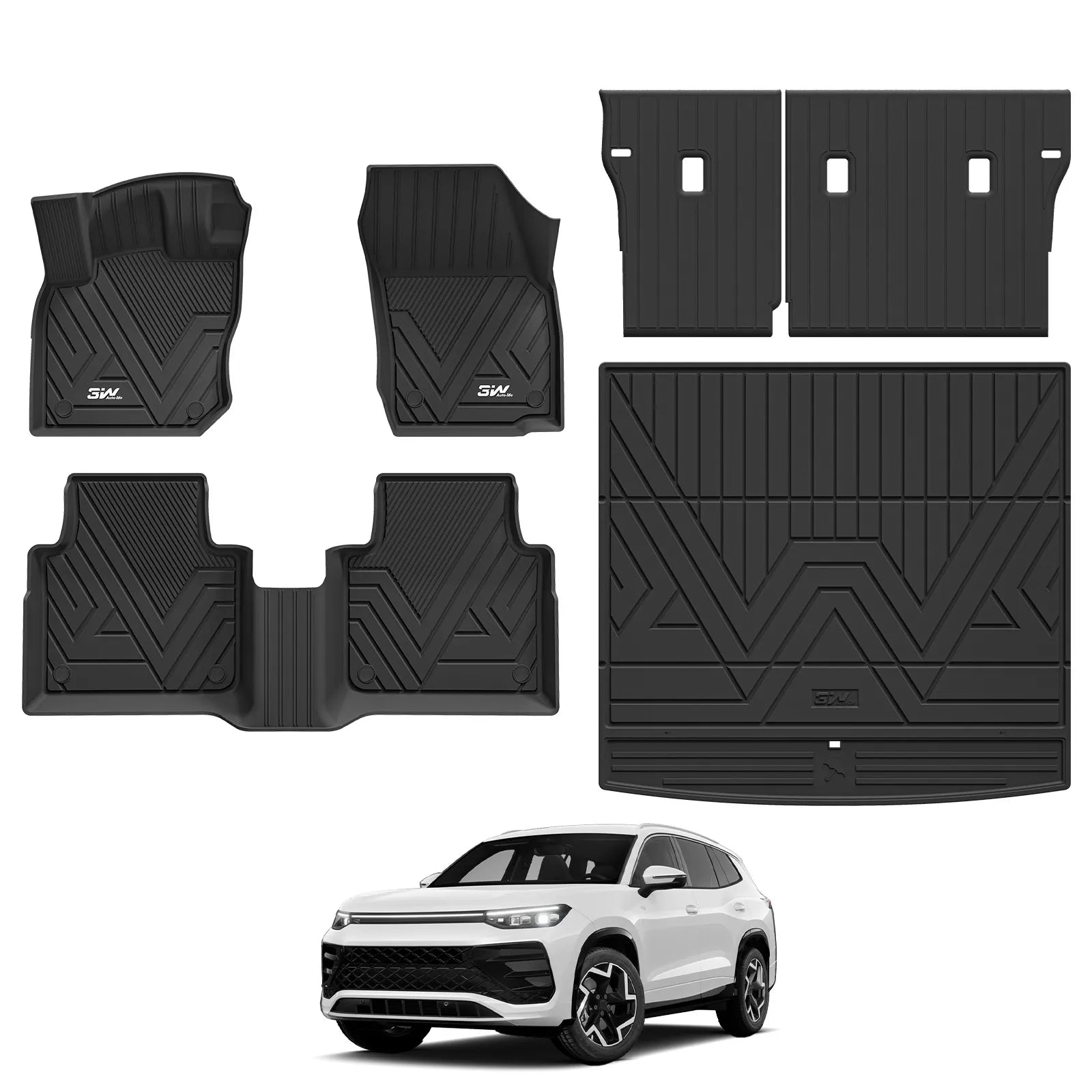 3W Floor Mats & Cargo Liner & Seatback Mats for Volkswagen Tiguan 2025 2026, All-Weather Protection TPE Car Mats 2 Rows Full Set for VW Tiguan Accessories, Black