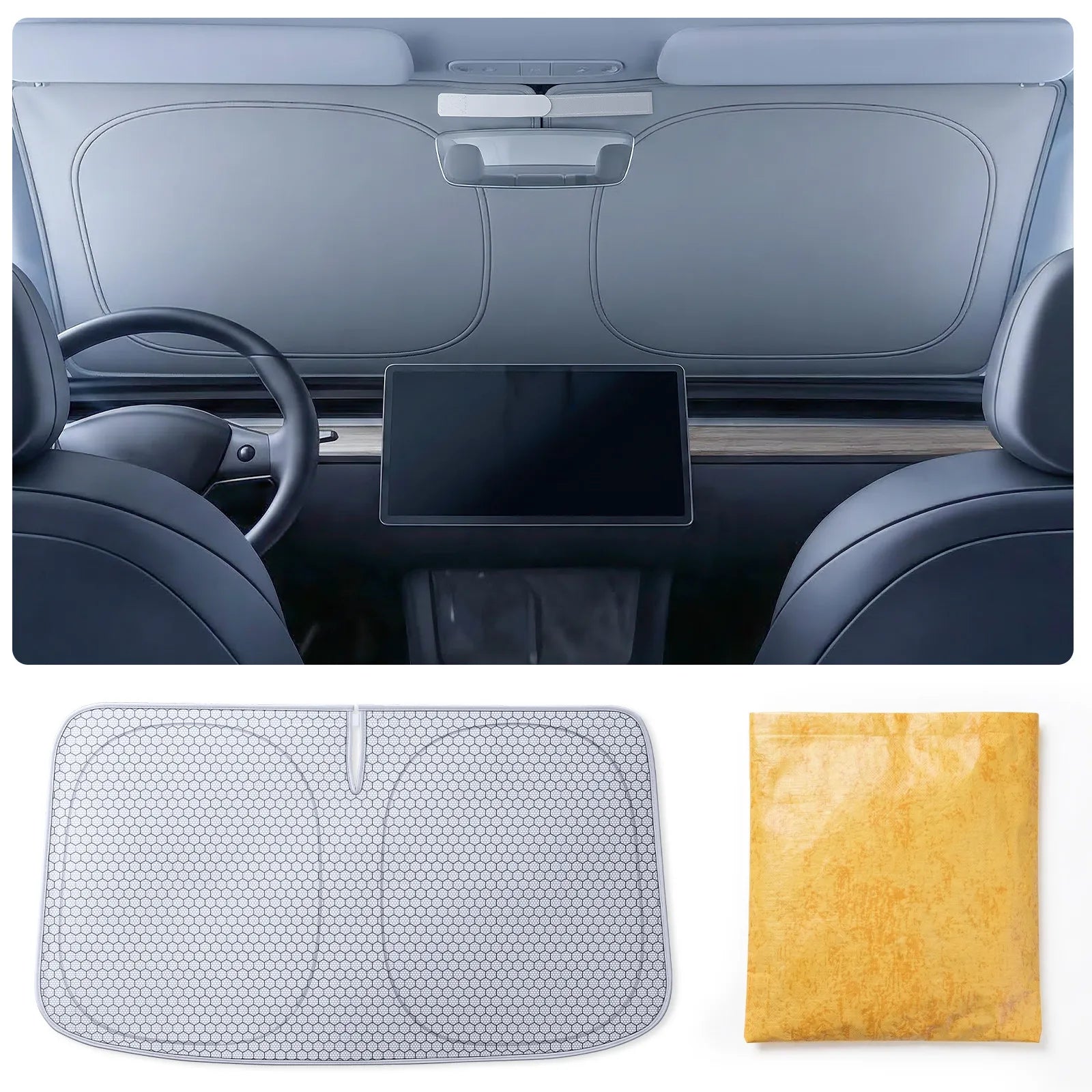 3W Foldable Car Windshield Sun Shade Tesla Model Y/Model 3-Advanced Thickened Black Tape Sunshade Cover, Maximum UV Block & Sun Heat Protector Model Y Juniper/Model 3 Highland (56.30''L*37''W)