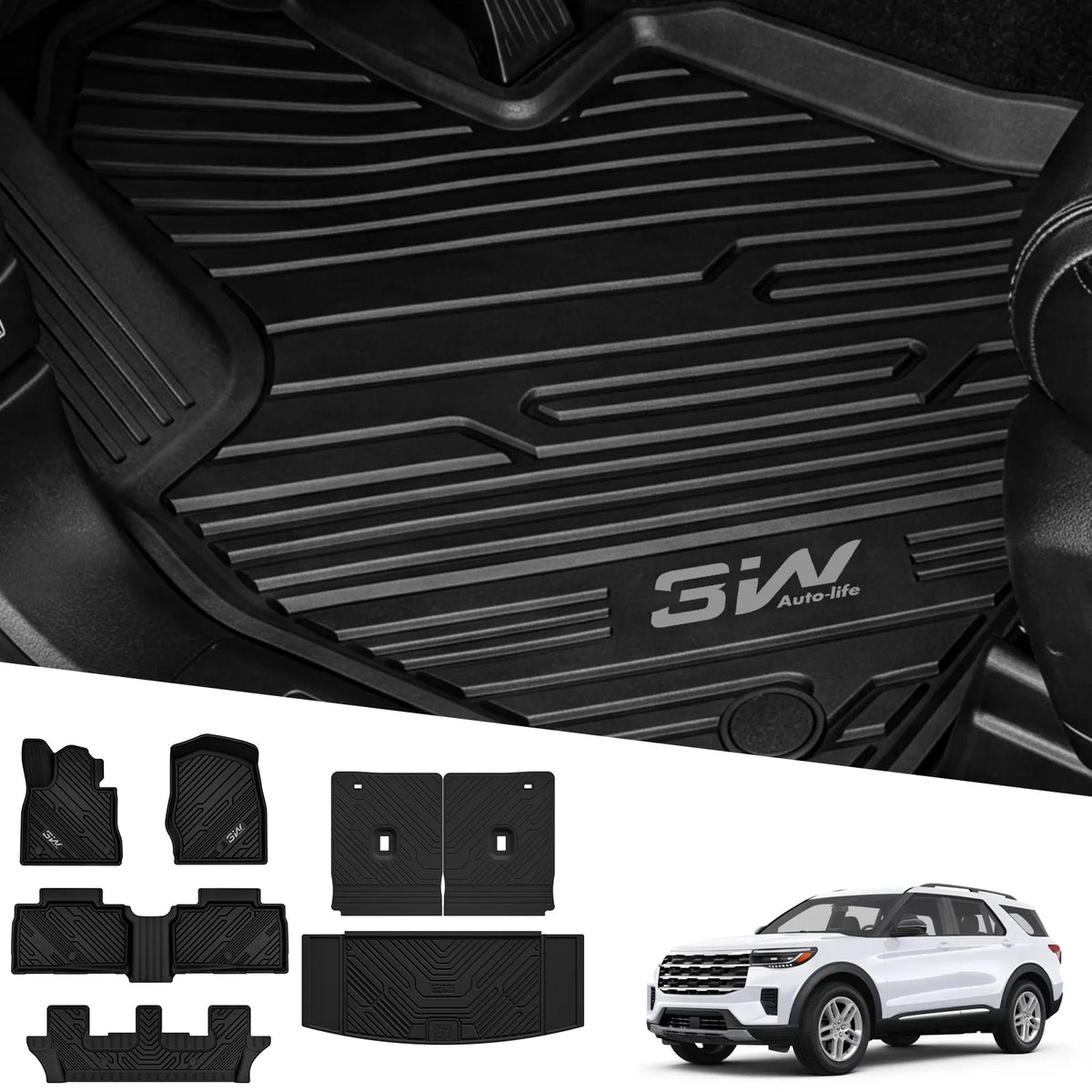 3W Ford Explorer 2020-2026 Floor Mats 7-Seat (Includes Hybrid) TPE Material & All-Weather Protection Vehicles & Parts 3Wliners