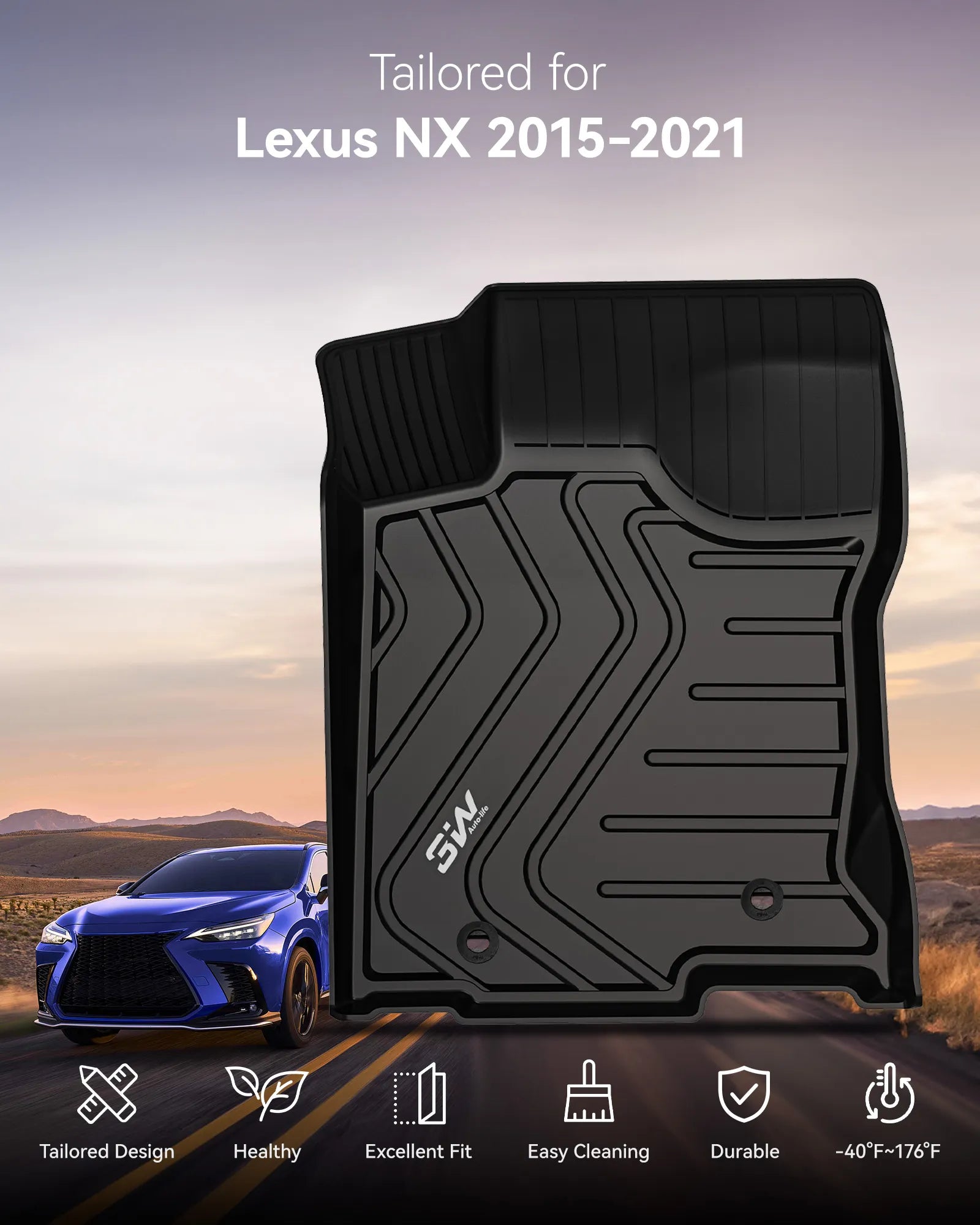3W LEXUS NX 2015-2021 (NX200t/NX300/NX300h) Custom Floor Mats TPE Material & All-Weather Protection Vehicles & Parts 3Wliners 2015-2021 NX 2015-2021 1st&2nd Row Mats