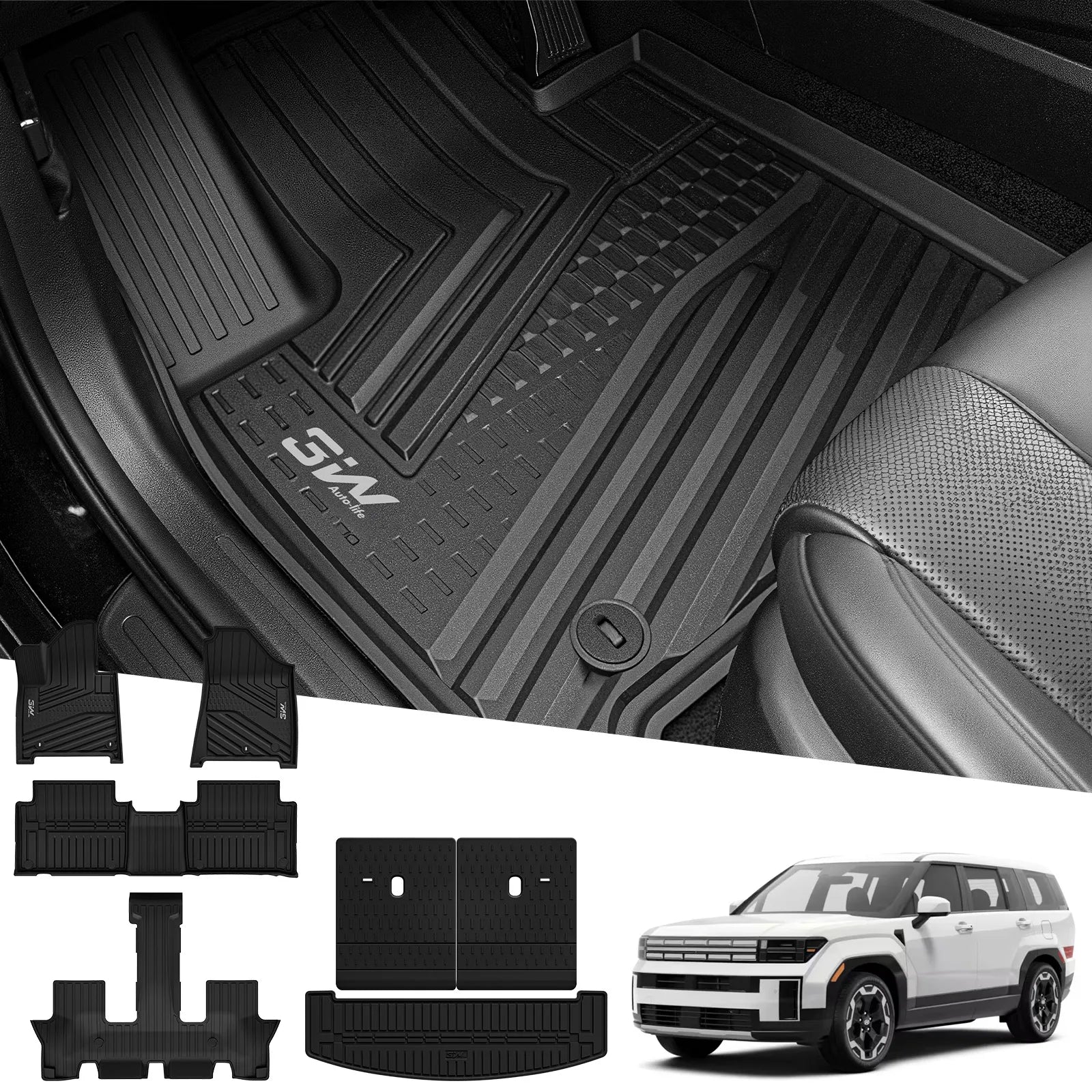 Close-up texture view of the 3W precision-fit driver-side all-weather floor mat, featuring high-edge walls and an anti-slip layout, presented next to a 2024-2026 Hyundai Santa Fe Hybrid vehicle.