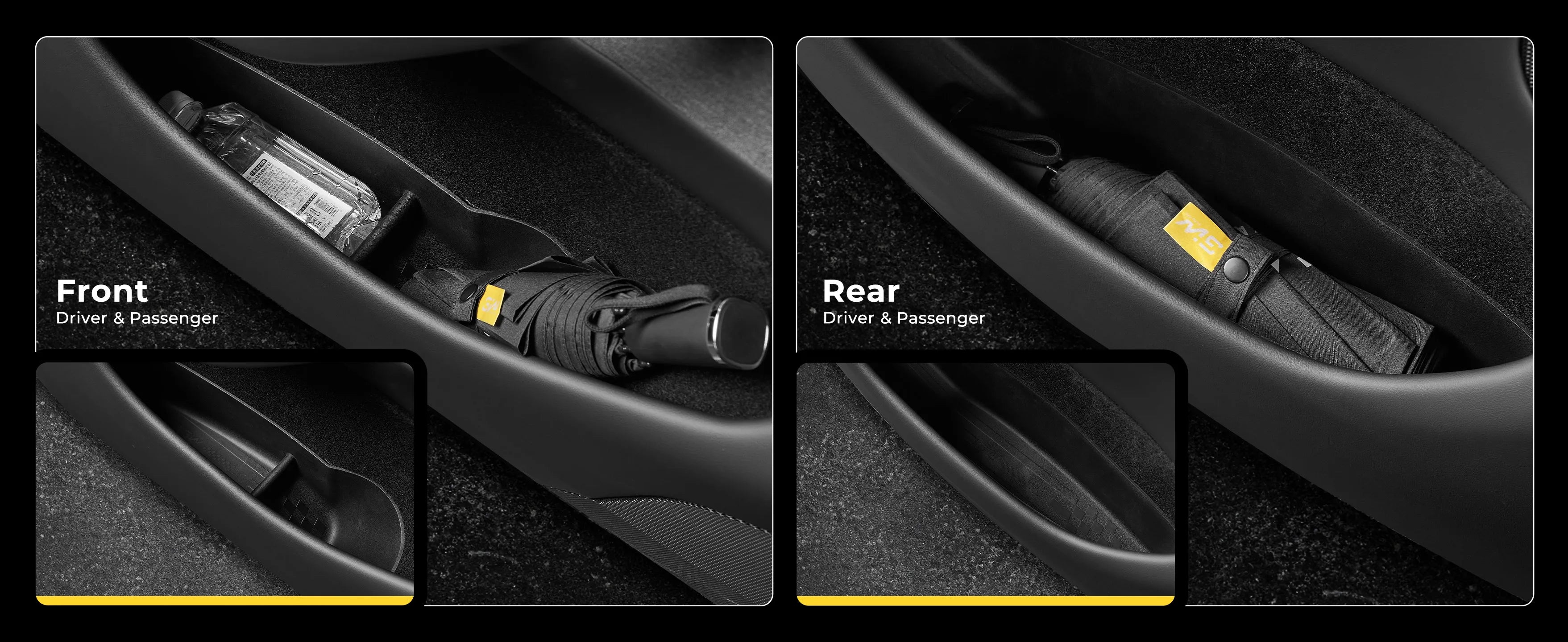 3W Custom Fit Tesla Model Y Juniper 2025 2026 Door Pocket Organizer 4-Piece Set with TPE Side Storage Trays and Emergency Release Straps