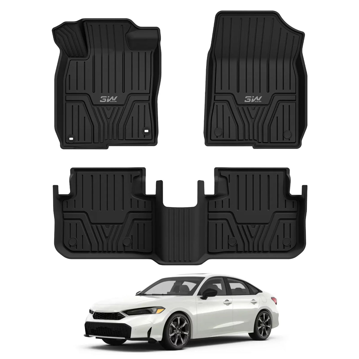 Full set of 3W black custom fit floor mats including driver passenger and 2nd row liner shown above white 2022-2027 Honda Civic Hybrid version