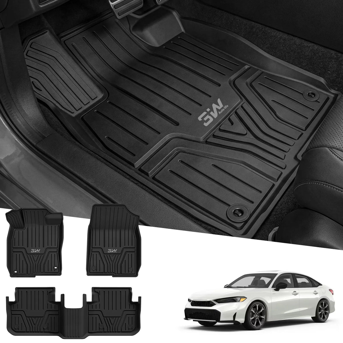 Full set of 3W black custom fit floor mats including driver passenger and 2nd row liner shown above white 2022-2027 Honda Civic Hybrid version