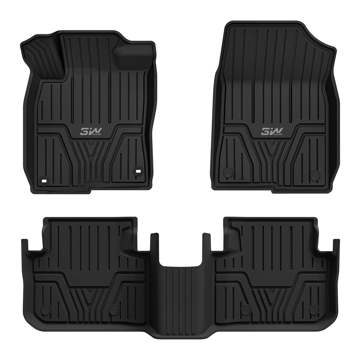 Full set of 3W black custom fit floor mats including driver passenger and 2nd row liner shown above white 2022-2027 Honda Civic Hybrid version