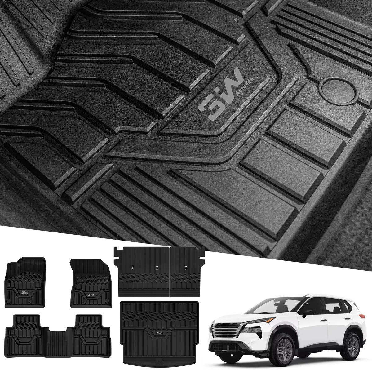 3W Nissan Rogue 2021-2027 (NOT for Sport) Custom Floor Mats TPE Material & All-Weather Protection Vehicles & Parts 3Wliners 2021-2025 Rogue 2021-2025 1st&2nd Rows + Trunk Mat