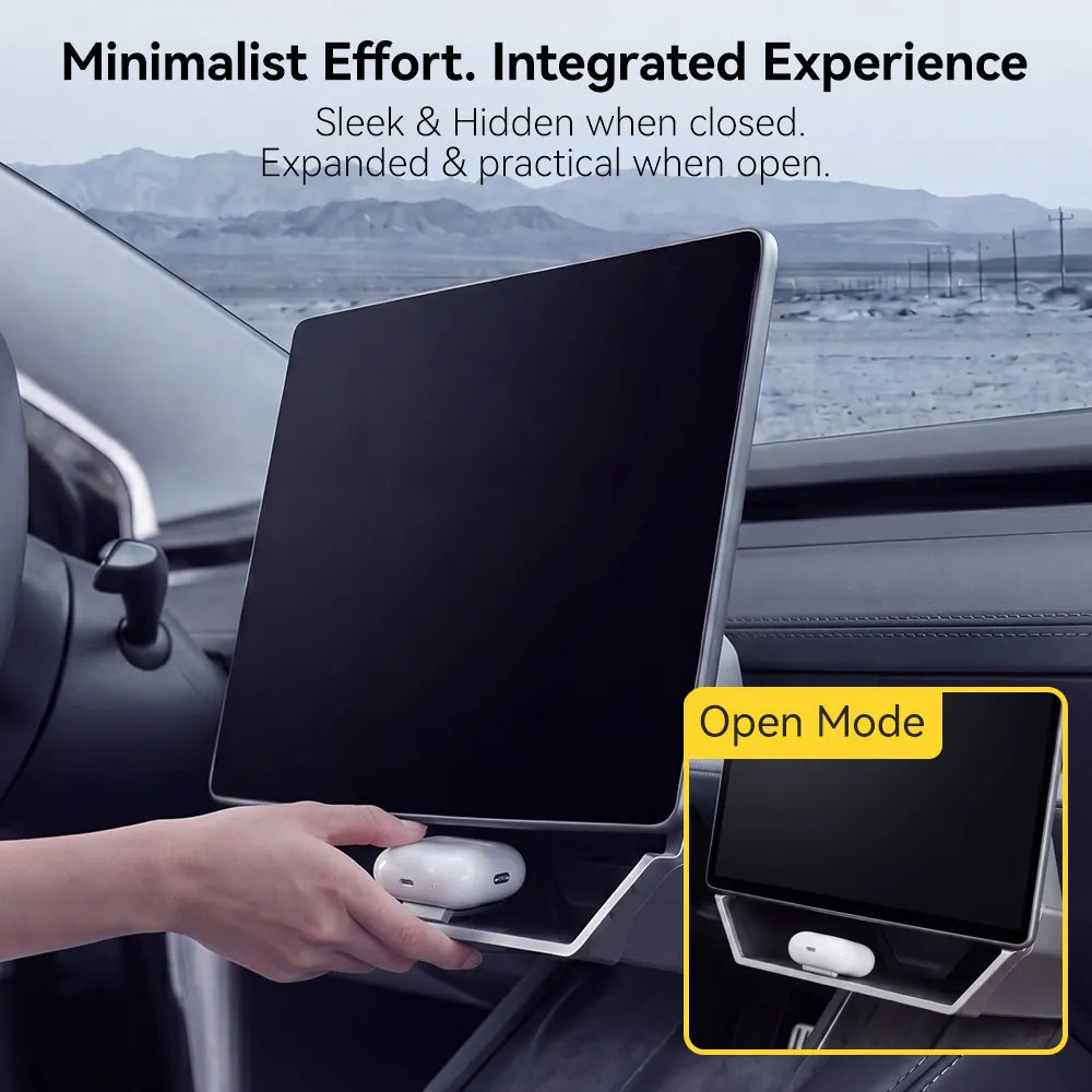 3W Custom Fit Magnetic Under Screen Storage Box and Center Console Organizer Tray installed in a Tesla Model Y Juniper 2025-2026 and Model 3 Highland 2024-2026